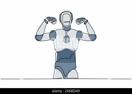 Single continuous line drawing robot standing with gestures two hand fist up. Strong humanoid robot cybernetic organism. Robotic artificial intelligen Stock Vector