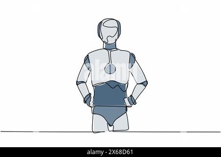 Continuous one line drawing robot standing and holding hand on hip. Confidence cyborg. Humanoid robot cybernetic organism. Future robotic development. Stock Vector