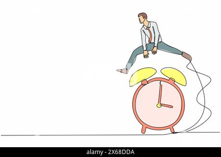 Single continuous line drawing smart and happy businessman jump over time passing alarm clock. Business deadline or working time efficiency concept. O Stock Vector