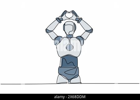 Single one line drawing robot standing with making love sign or heart symbol with fingers over head. Technology development. Artificial intelligence. Stock Vector