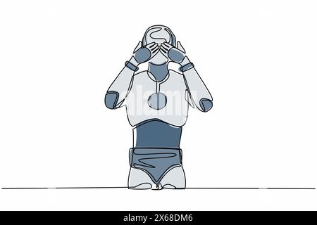Single continuous line drawing robot standing with covering his eyes with hands because of disgust and reluctance to see something. Robotic artificial Stock Vector