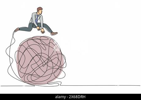 Continuous one line drawing businessman jumping over tangled scribble. Solution looking for complicated problem. Looking for ways to success business. Stock Vector
