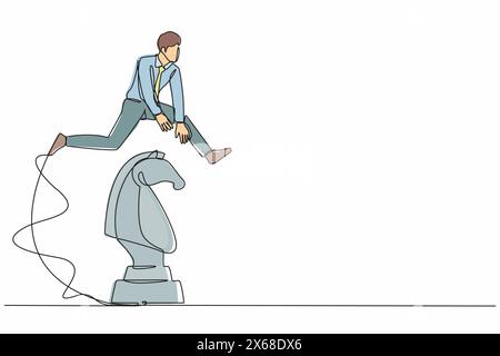 Single continuous line drawing businessman jumping over big chess knight. Tactic strategy move in political business. Agile thinking, clever, intellig Stock Vector