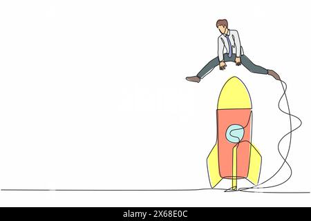 Single continuous line drawing businessman jumping over big rocket. Successful startup launch preparation. Space rocket flies up. New business project Stock Vector