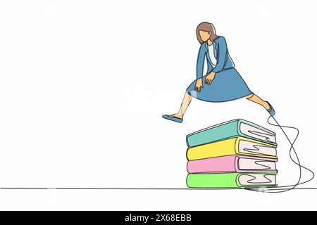 Single continuous line drawing businesswoman jumping over pile of big binders. Stack of paper work document. Management office supply, information cla Stock Vector