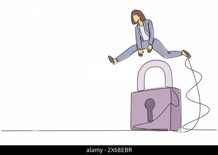 Single continuous line drawing businesswoman jumping big lock. Business protection security. Professional solutions, success key or unlock business ac Stock Vector