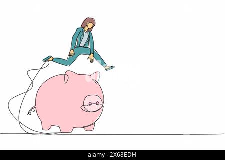 Single one line drawing businesswoman jumping over piggy bank. Security of money storage, saving for investment. Financial planning management. Contin Stock Vector