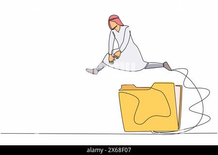 Single one line drawing Arab businessman jumping over big folder icon. File folders management. Office paper document collecting. Analysing creative p Stock Vector