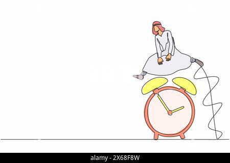 Single continuous line drawing Arabian businessman jump over time passing alarm clock. Overload work with deadline. Working time efficiency concept. O Stock Vector