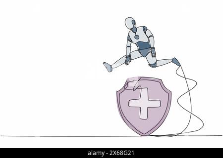 Single one line drawing robot jump over big shield. Protection, insurance, from business danger. Future technology development. Artificial intelligenc Stock Vector