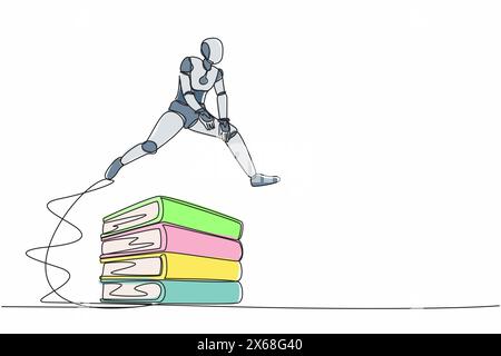 Single one line drawing robot jumping over pile of big binders. Stack of paper work document. Information classification. Future technology developmen Stock Vector