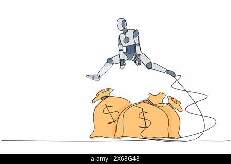 Single continuous line drawing robot jumping over money bag. Business loan or capital funding, money help in crisis. Modern robotic artificial intelli Stock Vector