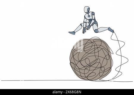Single one line drawing robot jumping over tangled scribble. Overcoming complexity of problem. Future technology development. Artificial intelligence. Stock Vector
