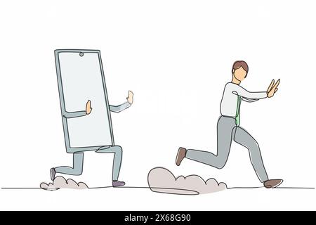 Continuous one line drawing stressed businessman being chased by smartphone. Refuse to talk, communication, technology, speaking. Minimalist metaphor. Stock Vector