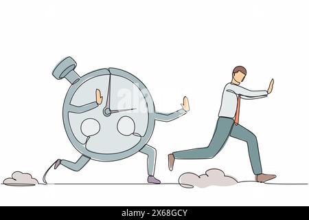 Single continuous line drawing stressed businessman being chased by stopwatch. Manager chased by measurement, time management, effective planning conc Stock Vector