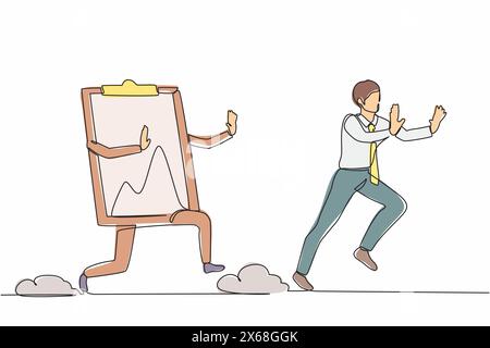 Continuous one line drawing stressed businessman being chased by clipboard. Male employee in deadline checklist application paper sheets document. Sin Stock Vector
