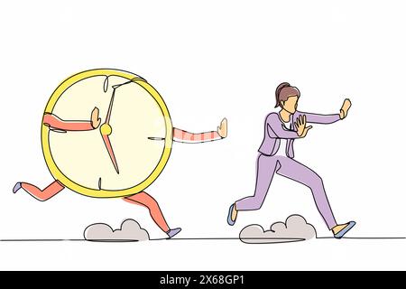 Continuous one line drawing scared businesswoman being chased by time, deadline. Female worker hurry in project schedule, productivity. Minimalist met Stock Vector