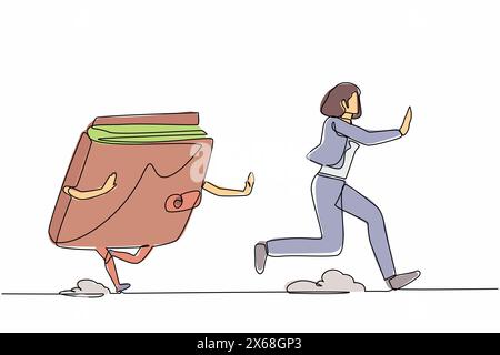 Continuous one line drawing scared businesswoman being chased by wallet. Female worker losing money, wasteful spending, gone money. Minimalist metapho Stock Vector