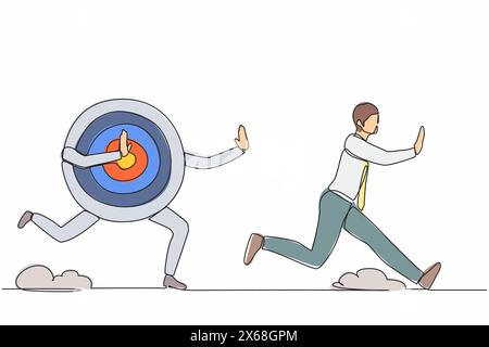 Single continuous line drawing stressed businessman being chased by archery bullseye target. Losing motivation to achieve business goal, advancement i Stock Vector