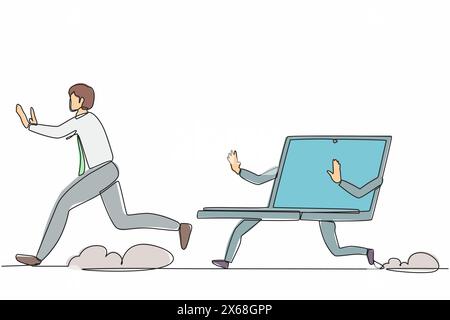 Continuous one line drawing stressed businessman being chased by laptop. Male employee in office who has deadlines and tasks that are constantly. Sing Stock Vector