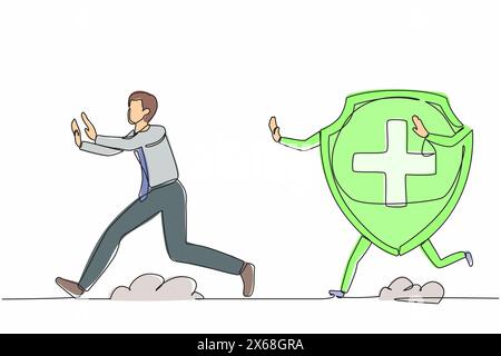 Single continuous line drawing stressed businessman being chased by shield. Out off financial insurance or fund safety. Expensive healthcare budget. O Stock Vector