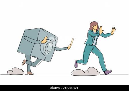 Continuous one line drawing scared businesswoman being chased by safe deposit box. Female worker hurry in financial secure system, banking protection. Stock Vector