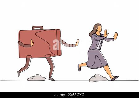 Continuous one line drawing scared businesswoman being chased by briefcase. Female manager hurry in high performance project. Minimalist metaphor. Sin Stock Vector