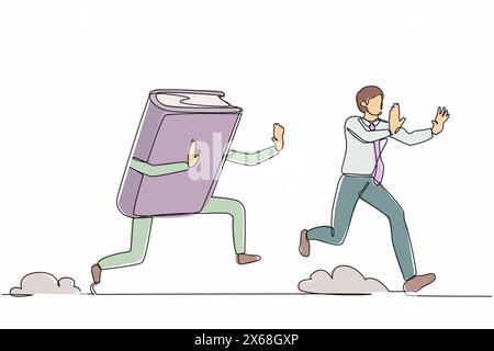 Single one line drawing stressed businessman being chased by book. Employee higher education to pursue career growth. Worker study literature. Continu Stock Vector