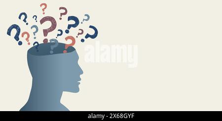 Hand drawn question marks in semicircle above a head silhouette. Questionnaire wallpaper. Banner copy space. Choice or problem or question or doubt Stock Vector
