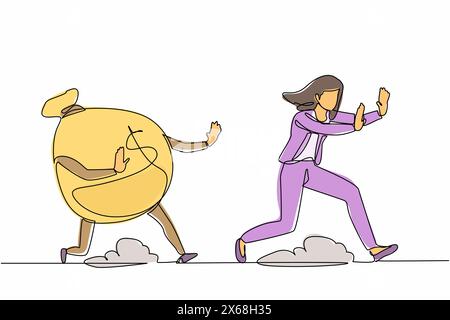 Continuous one line drawing scared businesswoman being chased by money bag. Female manager failed achieving goals and profit, running out for money. S Stock Vector