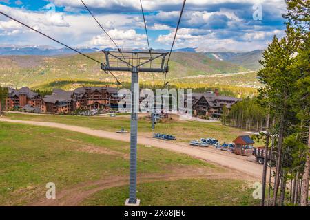 Independence SuperChair Ski Lift at Grand Lodge Resort on Peak 7 mountain at Breckenridge, Colorado. Stock Photo