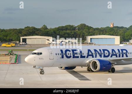 Baltimore, Maryland, USA - 3 May 2024: Boeing 737 Max 8 jet (registration TF-ICF) operated by Icelandair arriving at Baltimore Washington airport Stock Photo