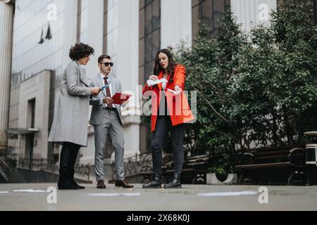 Business partners collaborating on project outdoors with papers Stock Photo