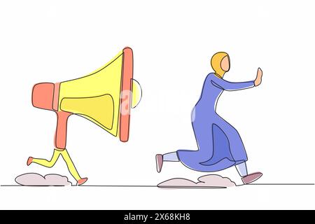 Continuous one line drawing fright Arabian businesswoman being chased by megaphone. Active female manager in loud screaming for mass communication. Si Stock Vector