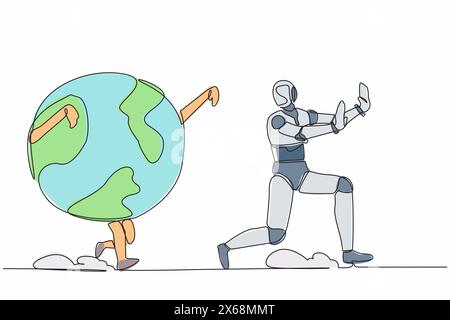 Single one line drawing stress robot being chased by globe. Afraid about climate change, ecological destruction. Future technology development. Contin Stock Vector
