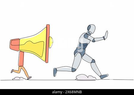 Continuous one line drawing stressed robot being chased by megaphone. Robot in loud screaming for mass communication. Humanoid robot cybernetic organi Stock Vector