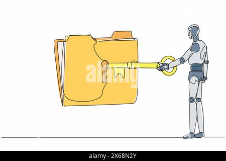 Single one line drawing robot put big key into folder. Document protection. Data security. Secret information. Future technology development. Continuo Stock Vector