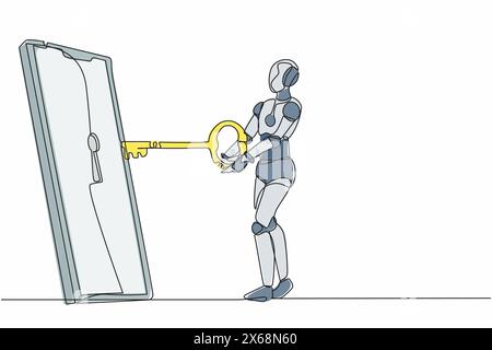 Continuous one line drawing robot put key into smartphone. Data privacy for protect user from hacker. Password security. Humanoid robot cybernetic org Stock Vector