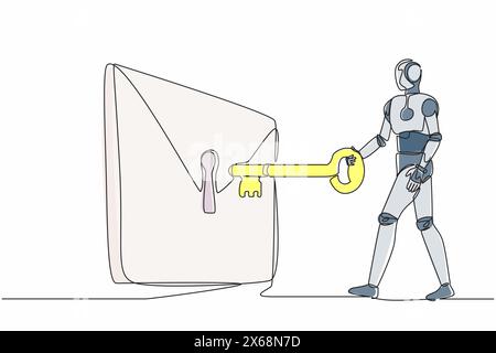 Single one line drawing robot putting big key into mail. Digital message protection or email security system. Future technology development. Continuou Stock Vector