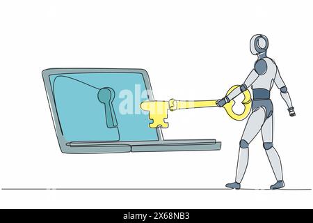 Single continuous line drawing robot putting key into laptop. Protection internet encryption, access to encrypted data. Robot artificial intelligence. Stock Vector