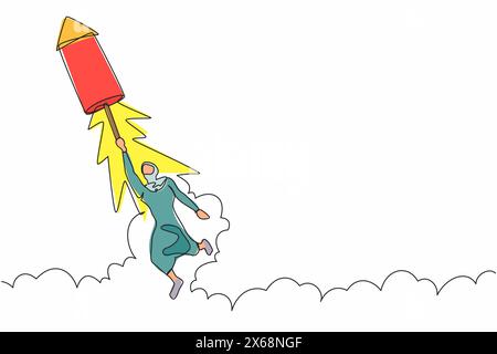 Single continuous line drawing Arabian businesswoman fly on fireworks rocket and looking business opportunities. Motivated office worker prepare for p Stock Vector