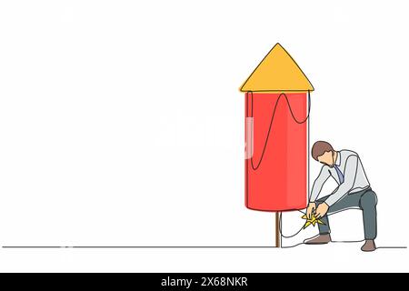 Single continuous line drawing businessman launching firework rocket. Grow business, boost investment profit or earnings, increase growth or economic Stock Vector
