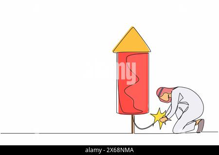 Single one line drawing Arab businessman launching firework rocket. Grow business, boost investment profit or earning, increase growth or economic boo Stock Vector