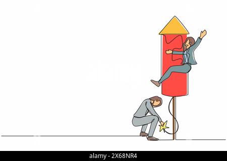 Continuous one line drawing businesswoman ignites fireworks rocket while her teammates prepare to fly on the rocket. Business innovation metaphor. Sin Stock Vector