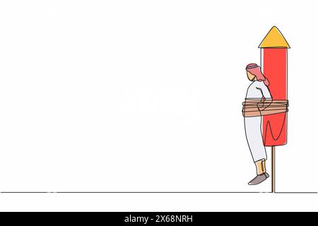 Single one line drawing Arabian businessman being tied to launching rocket, feeling anxious and scared. Fear of economic disaster. Business failure. C Stock Vector