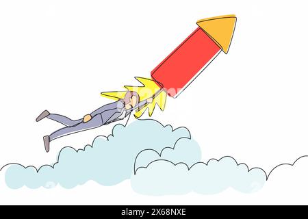 Single one line drawing businesswoman fly on firework rocket while looking at business opportunities. Excited employee searching for project innovatio Stock Vector