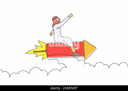Continuous one line drawing Arab businessman flying high riding firework rocket. Ready to launching new startup business digital. Minimal metaphor. Si Stock Vector