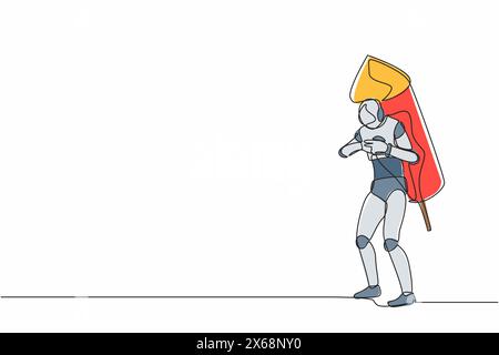 Continuous one line drawing robot ignites big fireworks rocket attached to his back. Humanoid robot cybernetic organism. Future robotic development. S Stock Vector