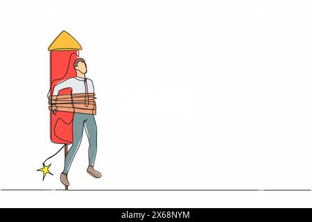 Continuous one line drawing businessman being tied to launching rocket, feeling anxious and scared. Fear of impending disaster. Career failure concept Stock Vector