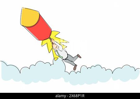 Single continuous line drawing businessman fly on fireworks rockets while looking at business opportunities. Excited motivated worker prepare for proj Stock Vector